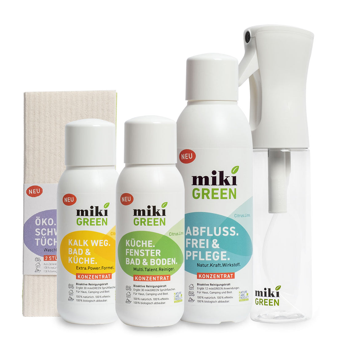 mikiGREEN, Home-Starter-Set vegan, Öko-Schwammtücher, 3 Konzentrate ökologische natürliche  Reinigungsmittel aus Mikroorganismen,  Spühflasche 